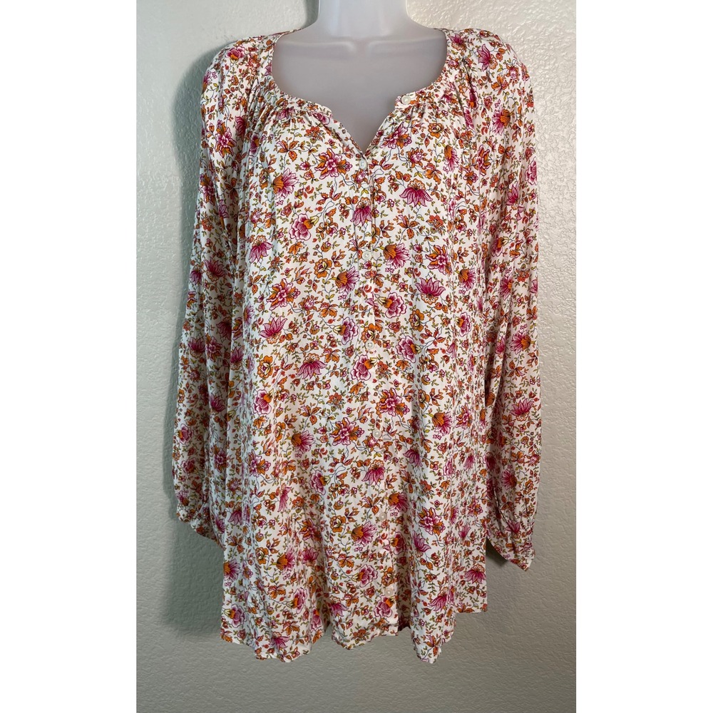 Old Navy 4X Blouse Multicolor Floral Rayon Long Sleeve Button Front Tunic NEW
